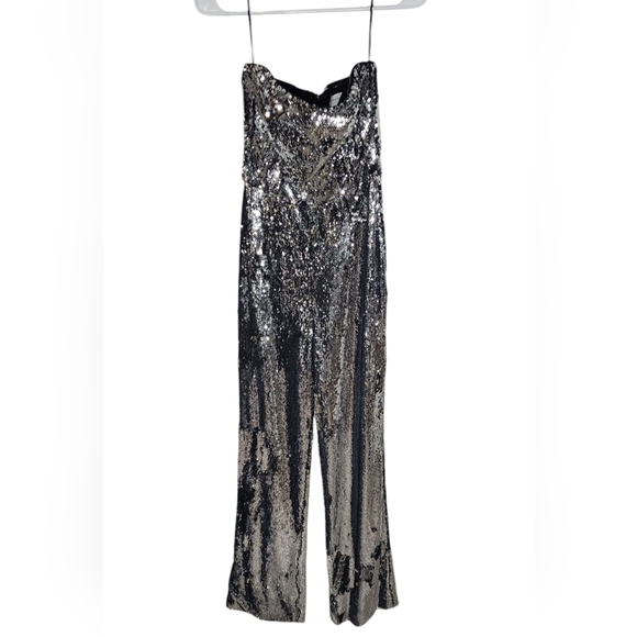 Dress the Population Andy Silver Sequined Strapless Wide Leg Jumpsuit Size XS - Picture 2 of 8